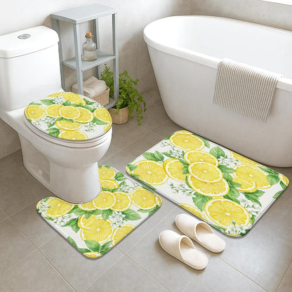 Lemon Shower Curtain Sets, Summer Tropical Leaf Flower Summer Yellow Polyester Waterproof Bathroom Set with Print Cloth Curtains and Rugs for Bathtub Toile Guest Room Decor 72x72 Inch