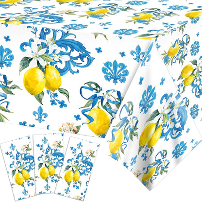 3 PCS Lemon Party Tablecloth,87" Lx54 W Game Rectangular Plastic Tablecovers, Italian Lemon and Blue Pattern Disposable Tablecloth for Bridal Shower Baby Shower Home Kitchen Party Decoration