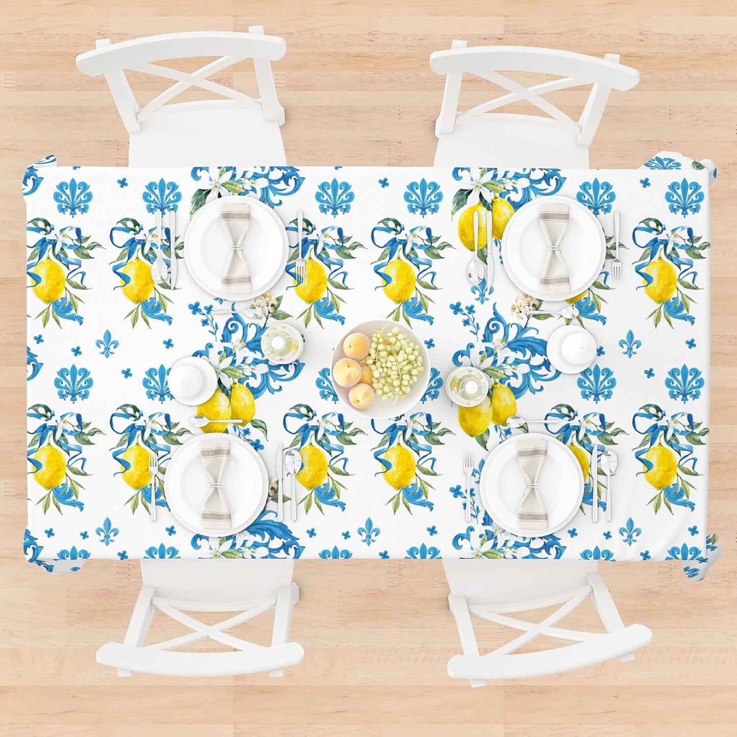 3 PCS Lemon Party Tablecloth,87" Lx54 W Game Rectangular Plastic Tablecovers, Italian Lemon and Blue Pattern Disposable Tablecloth for Bridal Shower Baby Shower Home Kitchen Party Decoration