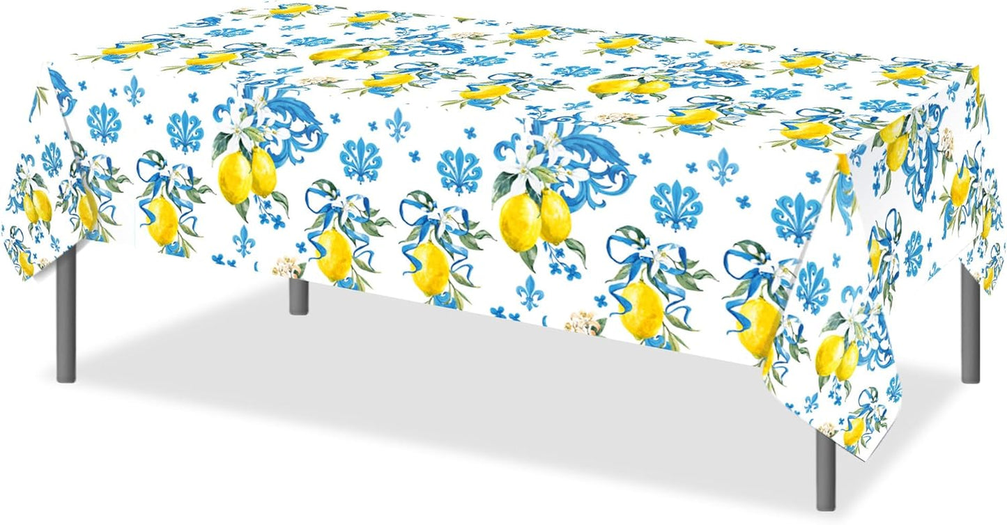 3 PCS Lemon Party Tablecloth,87" Lx54 W Game Rectangular Plastic Tablecovers, Italian Lemon and Blue Pattern Disposable Tablecloth for Bridal Shower Baby Shower Home Kitchen Party Decoration