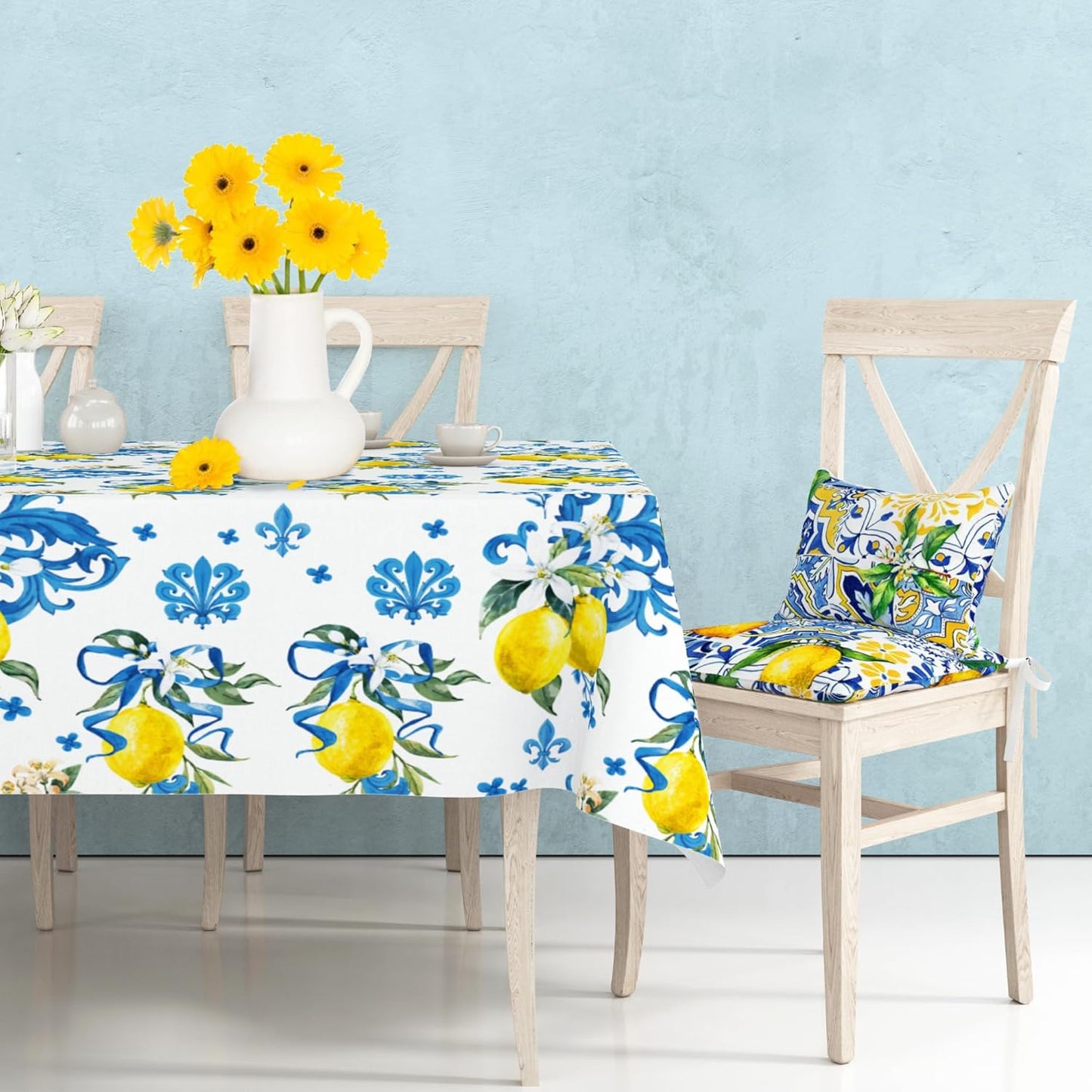 3 PCS Lemon Party Tablecloth,87" Lx54 W Game Rectangular Plastic Tablecovers, Italian Lemon and Blue Pattern Disposable Tablecloth for Bridal Shower Baby Shower Home Kitchen Party Decoration