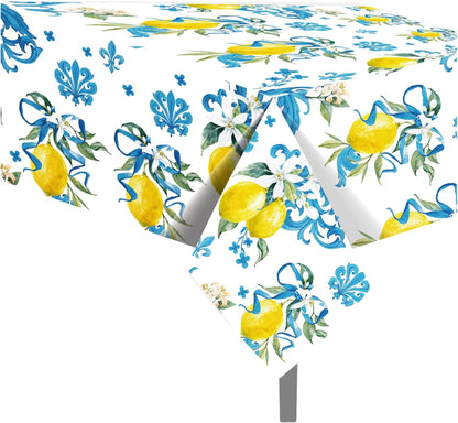 3 PCS Lemon Party Tablecloth,87" Lx54 W Game Rectangular Plastic Tablecovers, Italian Lemon and Blue Pattern Disposable Tablecloth for Bridal Shower Baby Shower Home Kitchen Party Decoration