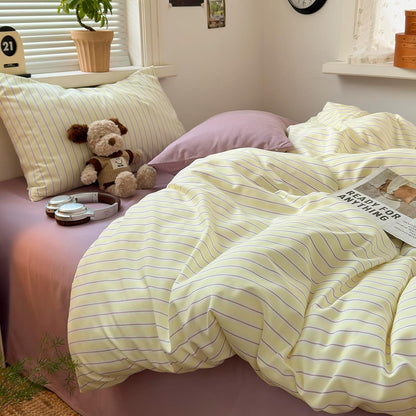 Pastel Yellow Lavender Striped Queen Duvet Cover Set, Soft Premium Washed Microfiber Aesthetic Stripes Comforter Cover with Hidden Zipper & Corner Ties, 3 Piece Sweet Teen Bedding for Girls