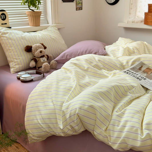 Pastel Yellow Lavender Striped Queen Duvet Cover Set, Soft Premium Washed Microfiber Aesthetic Stripes Comforter Cover with Hidden Zipper & Corner Ties, 3 Piece Sweet Teen Bedding for Girls