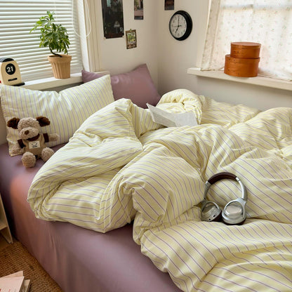 Pastel Yellow Lavender Striped Queen Duvet Cover Set, Soft Premium Washed Microfiber Aesthetic Stripes Comforter Cover with Hidden Zipper & Corner Ties, 3 Piece Sweet Teen Bedding for Girls