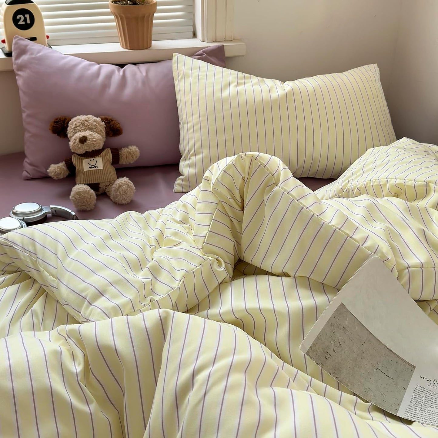 Pastel Yellow Lavender Striped Queen Duvet Cover Set, Soft Premium Washed Microfiber Aesthetic Stripes Comforter Cover with Hidden Zipper & Corner Ties, 3 Piece Sweet Teen Bedding for Girls