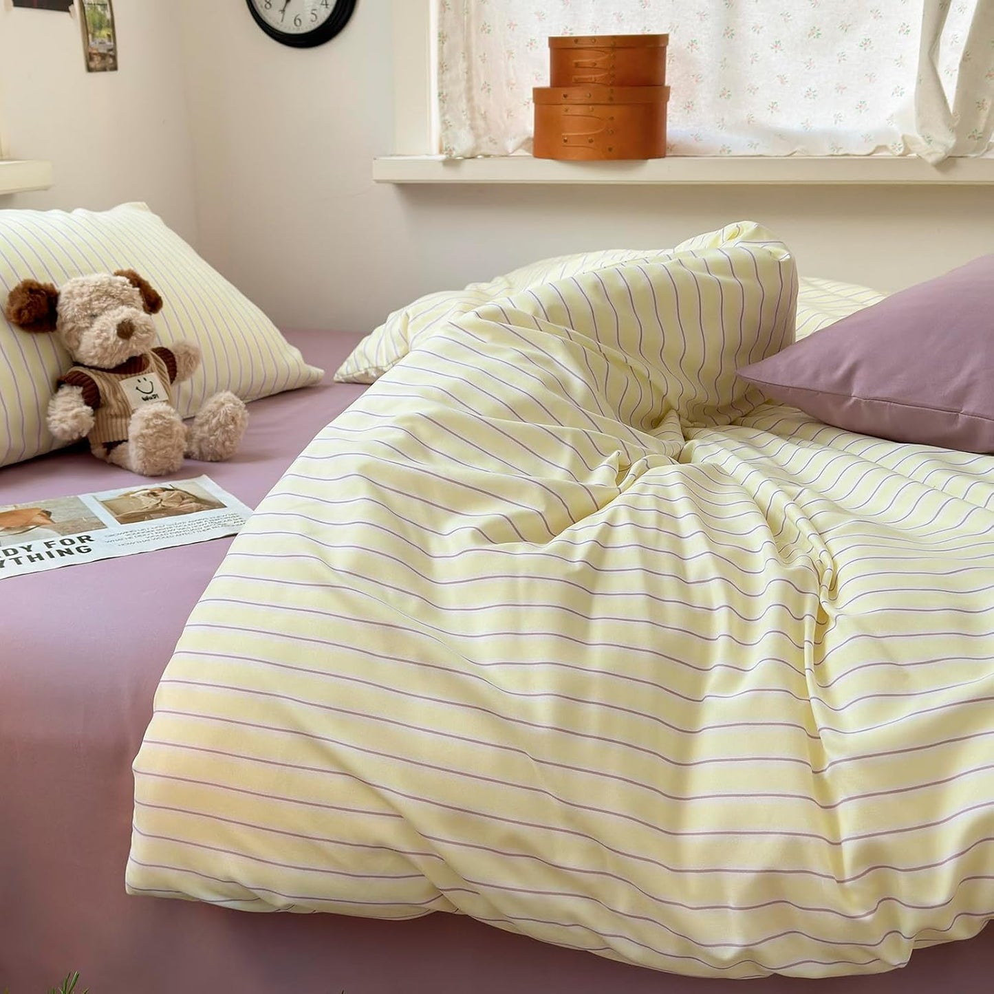 Pastel Yellow Lavender Striped Queen Duvet Cover Set, Soft Premium Washed Microfiber Aesthetic Stripes Comforter Cover with Hidden Zipper & Corner Ties, 3 Piece Sweet Teen Bedding for Girls
