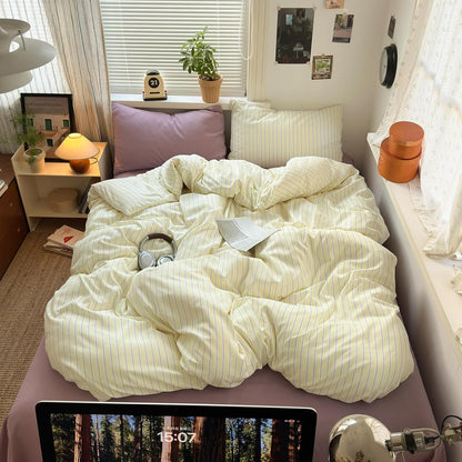 Pastel Yellow Lavender Striped Queen Duvet Cover Set, Soft Premium Washed Microfiber Aesthetic Stripes Comforter Cover with Hidden Zipper & Corner Ties, 3 Piece Sweet Teen Bedding for Girls