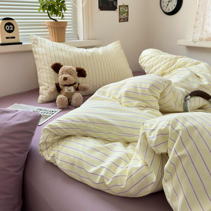 Pastel Yellow Lavender Striped Queen Duvet Cover Set, Soft Premium Washed Microfiber Aesthetic Stripes Comforter Cover with Hidden Zipper & Corner Ties, 3 Piece Sweet Teen Bedding for Girls