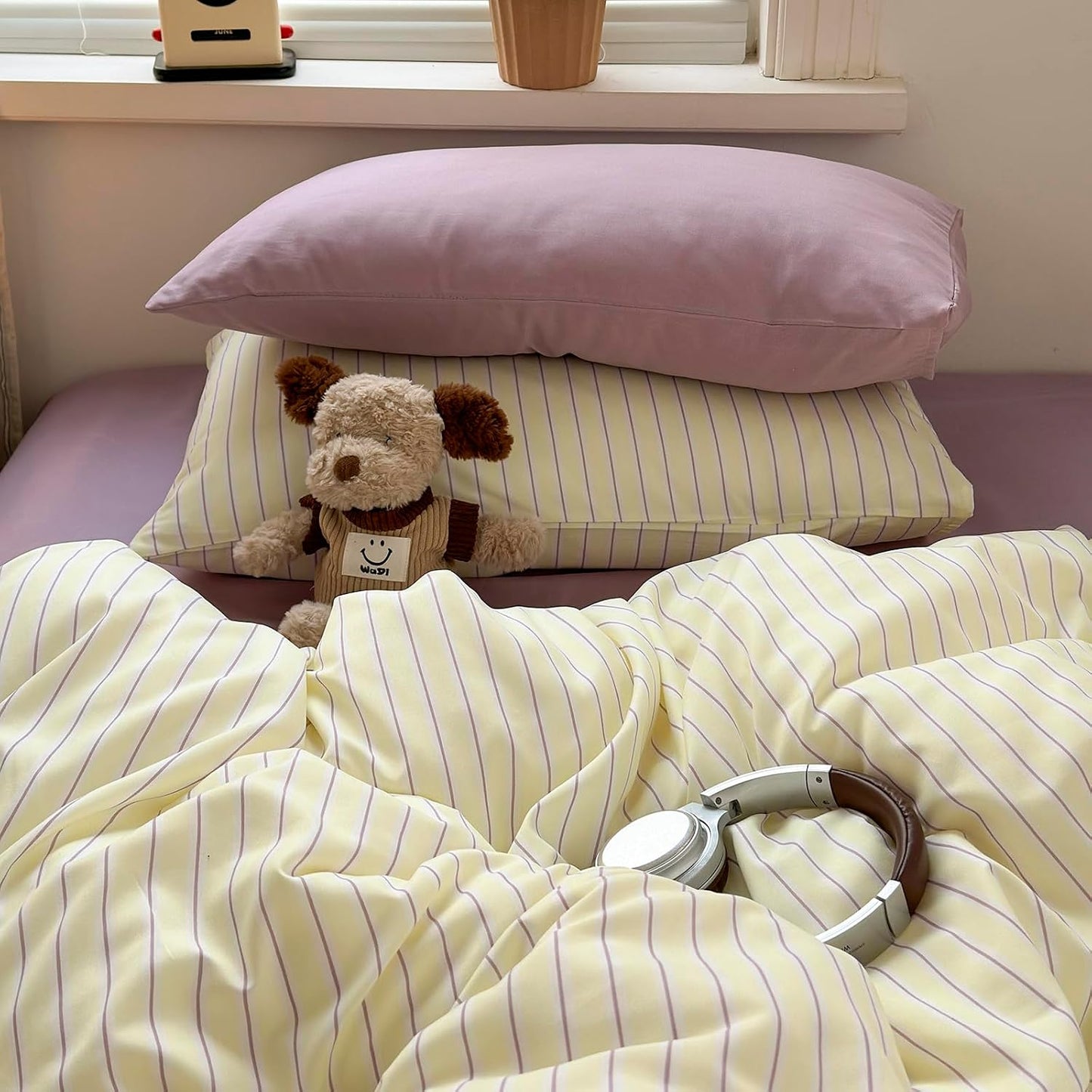 Pastel Yellow Lavender Striped Queen Duvet Cover Set, Soft Premium Washed Microfiber Aesthetic Stripes Comforter Cover with Hidden Zipper & Corner Ties, 3 Piece Sweet Teen Bedding for Girls