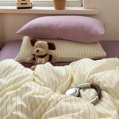 Pastel Yellow Lavender Striped Queen Duvet Cover Set, Soft Premium Washed Microfiber Aesthetic Stripes Comforter Cover with Hidden Zipper & Corner Ties, 3 Piece Sweet Teen Bedding for Girls
