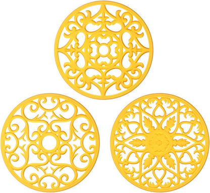 Trivets for Dishes/Pots/Pans, 3 Pcs Silicone Mats, Flexible/Durable/Non Slip Hot Pads to Protect Table and Counter Top (Yellow)