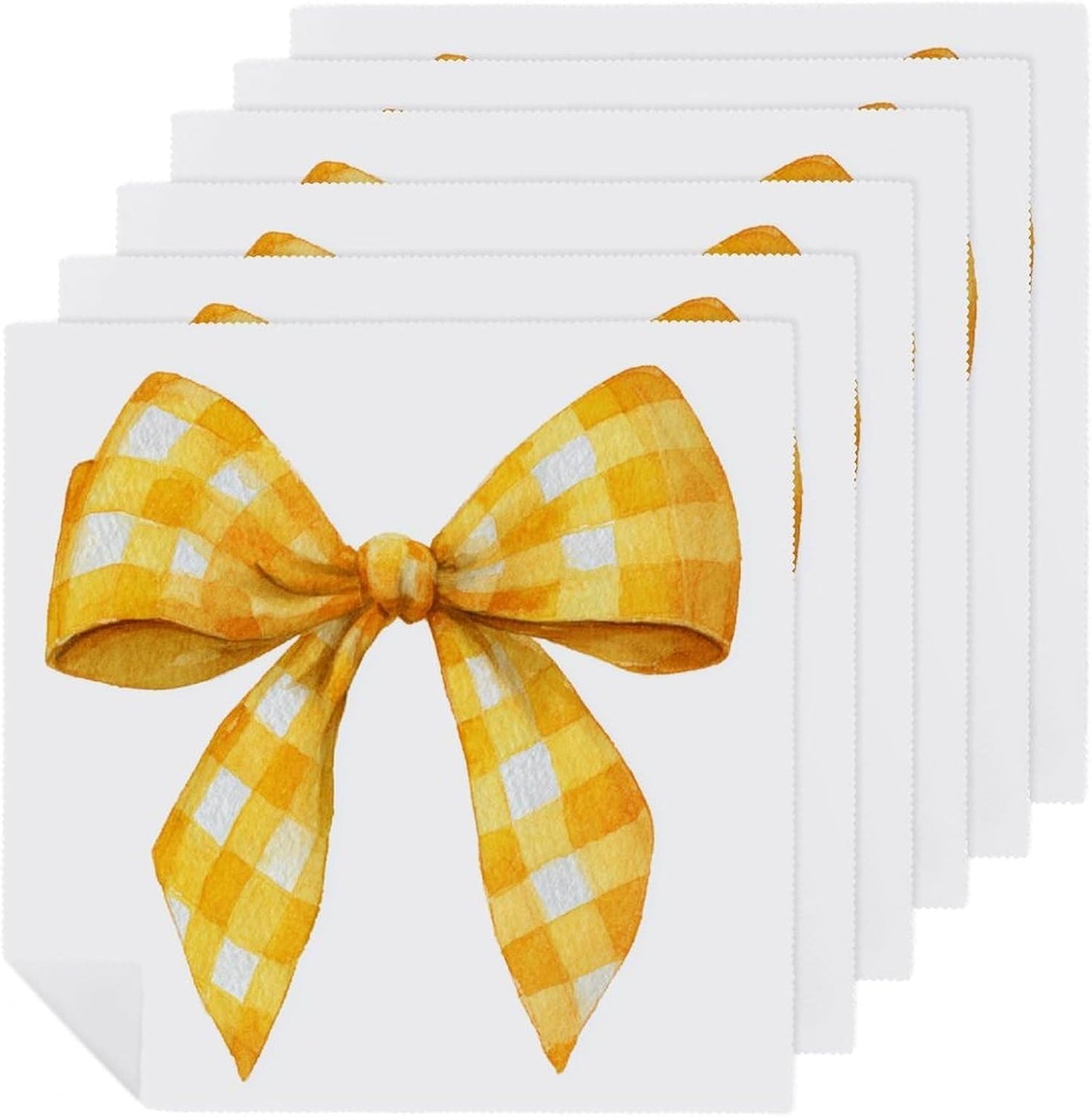 Yellow Checker Ribbon Bow Cloth Napkins Set of 6, Square Premium Reusable Washable Polyester Table Linen Napkin for Dinner Party