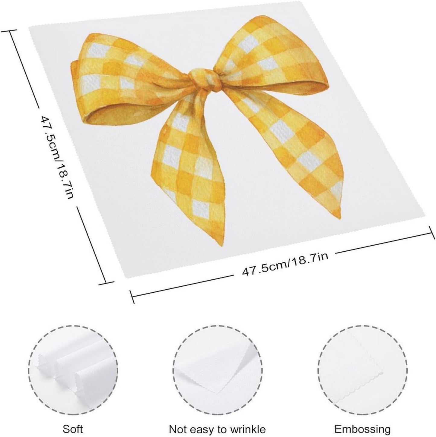 Yellow Checker Ribbon Bow Cloth Napkins Set of 6, Square Premium Reusable Washable Polyester Table Linen Napkin for Dinner Party