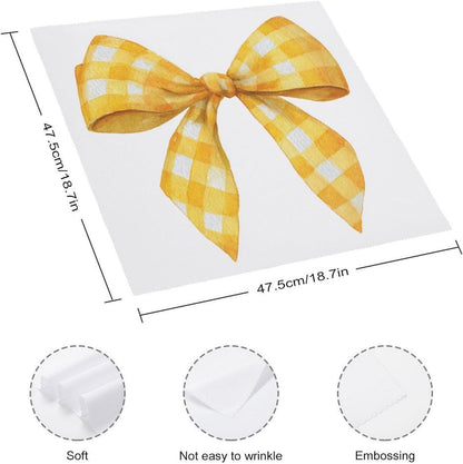 Yellow Checker Ribbon Bow Cloth Napkins Set of 6, Square Premium Reusable Washable Polyester Table Linen Napkin for Dinner Party