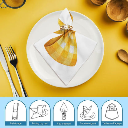 Yellow Checker Ribbon Bow Cloth Napkins Set of 6, Square Premium Reusable Washable Polyester Table Linen Napkin for Dinner Party