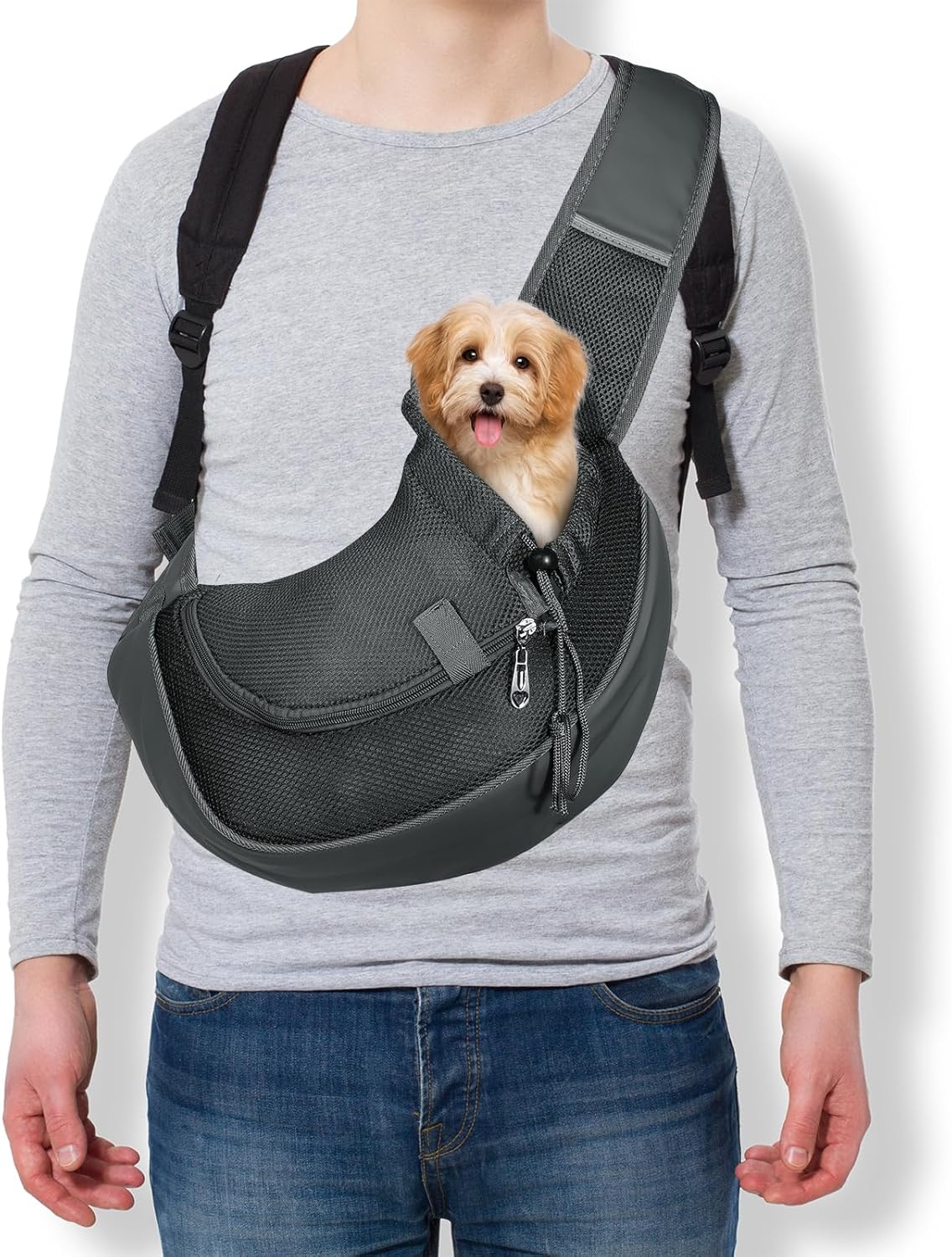 Dog Sling Carrier for Small Pet Up to 13.2 lbs Hand-Free Drawstring Pet Sling Carrier with Safety Hook & Adjustable Strap, (Yellow, 1 Pcs) Intended for Hiking and Camping