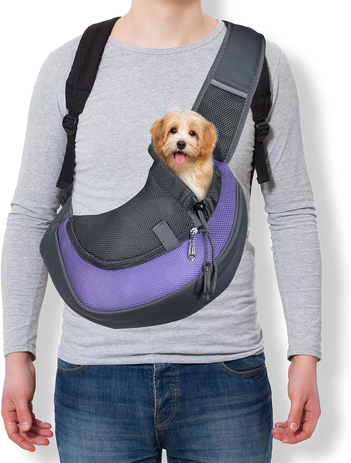 Dog Sling Carrier for Small Pet Up to 13.2 lbs Hand-Free Drawstring Pet Sling Carrier with Safety Hook & Adjustable Strap, (Yellow, 1 Pcs) Intended for Hiking and Camping