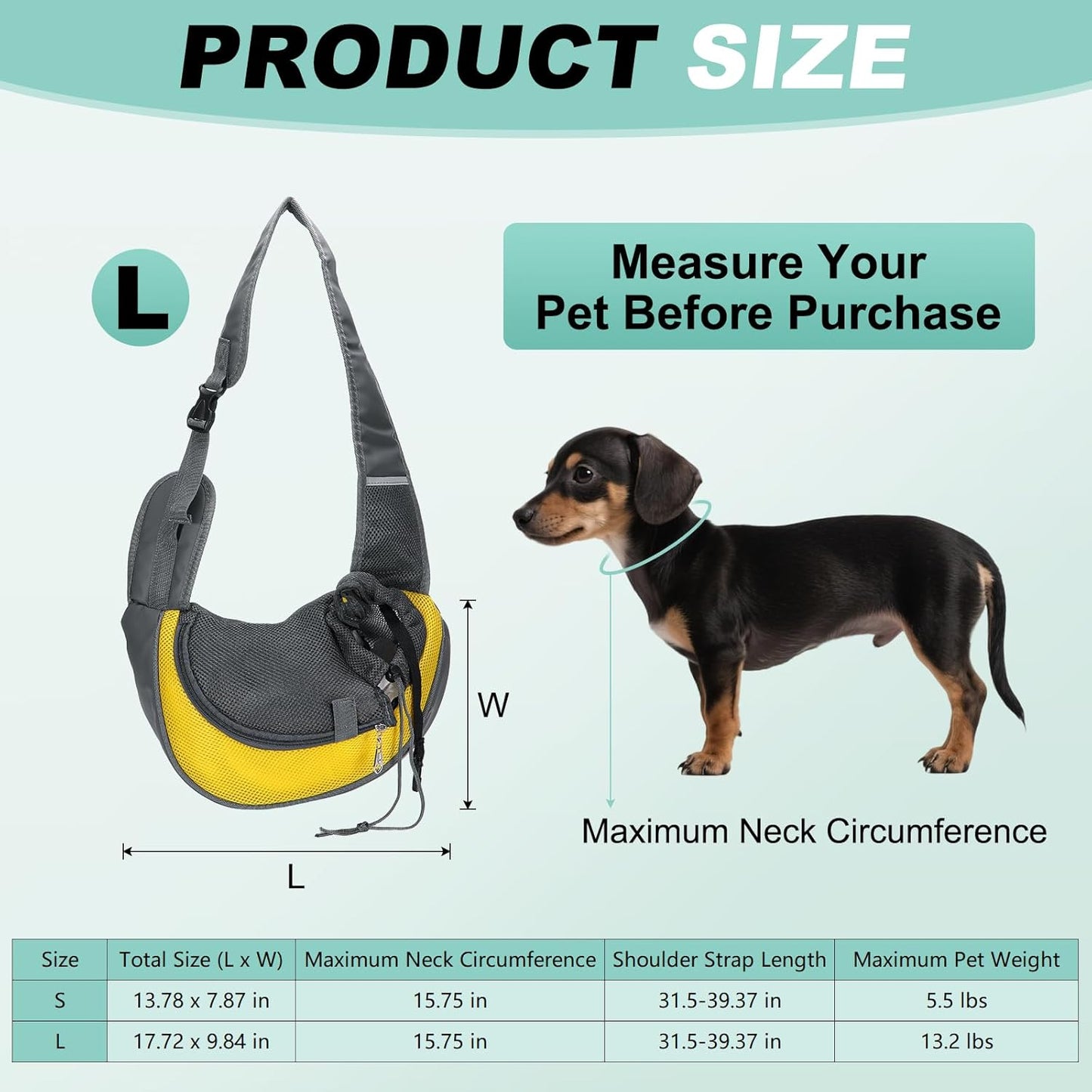 Dog Sling Carrier for Small Pet Up to 13.2 lbs Hand-Free Drawstring Pet Sling Carrier with Safety Hook & Adjustable Strap, (Yellow, 1 Pcs) Intended for Hiking and Camping