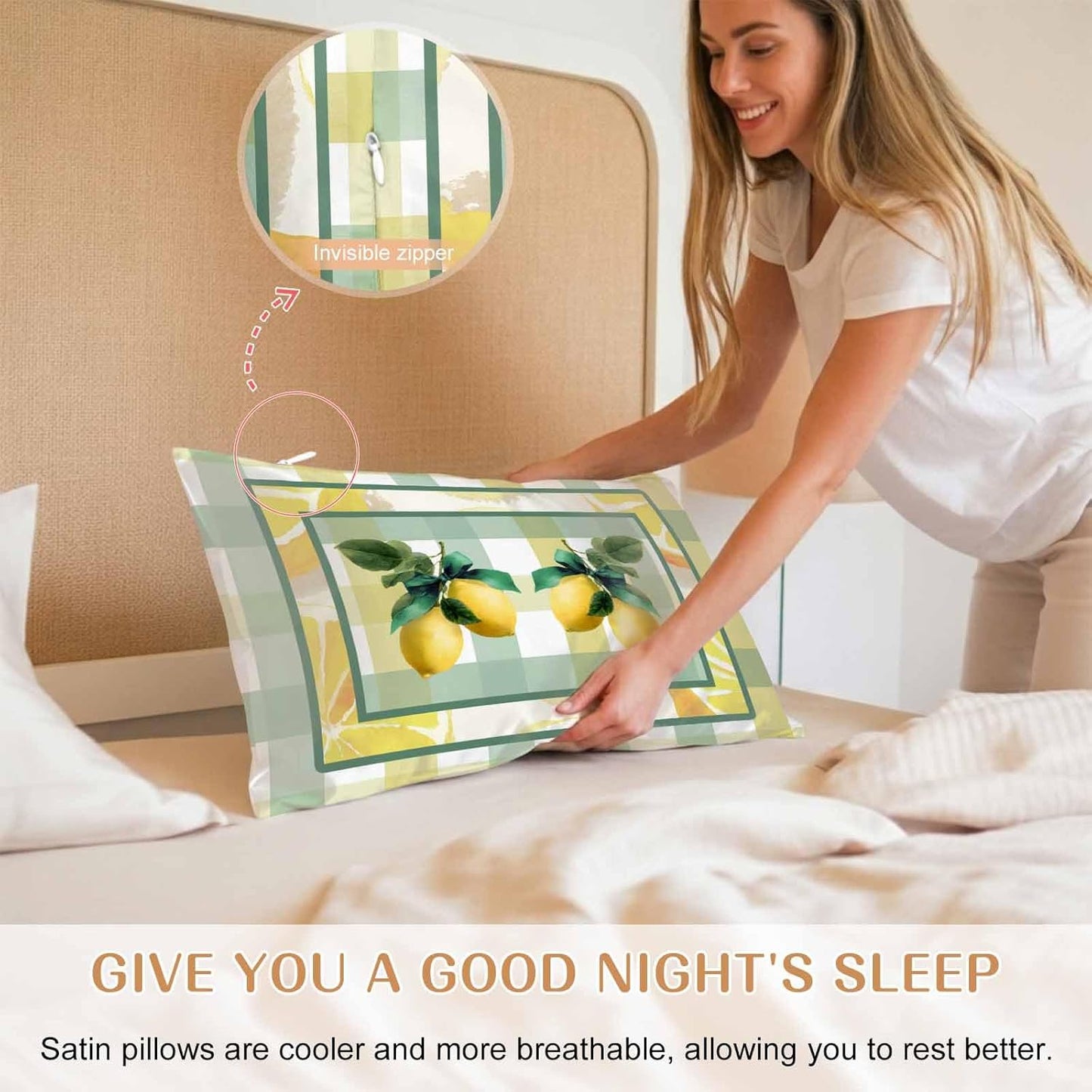 Lemon Pillow Cases Standard Size Set of 2, Botanical Fruit Leaves Bow Yellow Green Striped Satin Pillowcase with Zipper for Hair/Skin, Decorative Pillow Covers for Bed/Couch/Sofa, 20x26 Inches