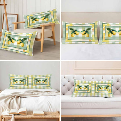 Lemon Pillow Cases Standard Size Set of 2, Botanical Fruit Leaves Bow Yellow Green Striped Satin Pillowcase with Zipper for Hair/Skin, Decorative Pillow Covers for Bed/Couch/Sofa, 20x26 Inches