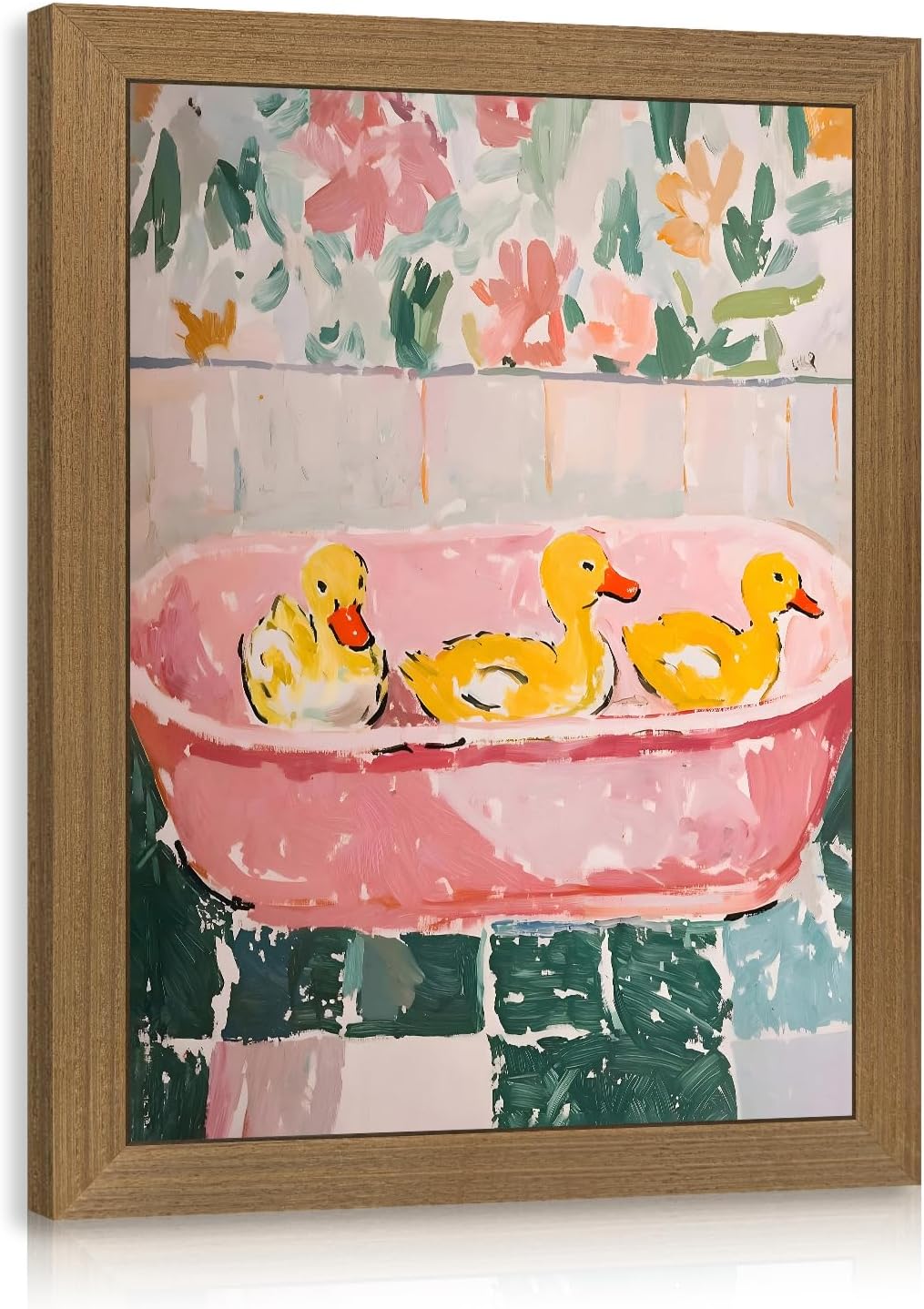 Wood Framed Funny Ducks Bathroom Wall Art, Cute Yellow Ducks in Pink Bathtub Canvas Print, Whimsical Animal Decor, Soft Pastel Aesthetic Artwork for Girls Bathroom Nursery Bedroom 8x10 Inch