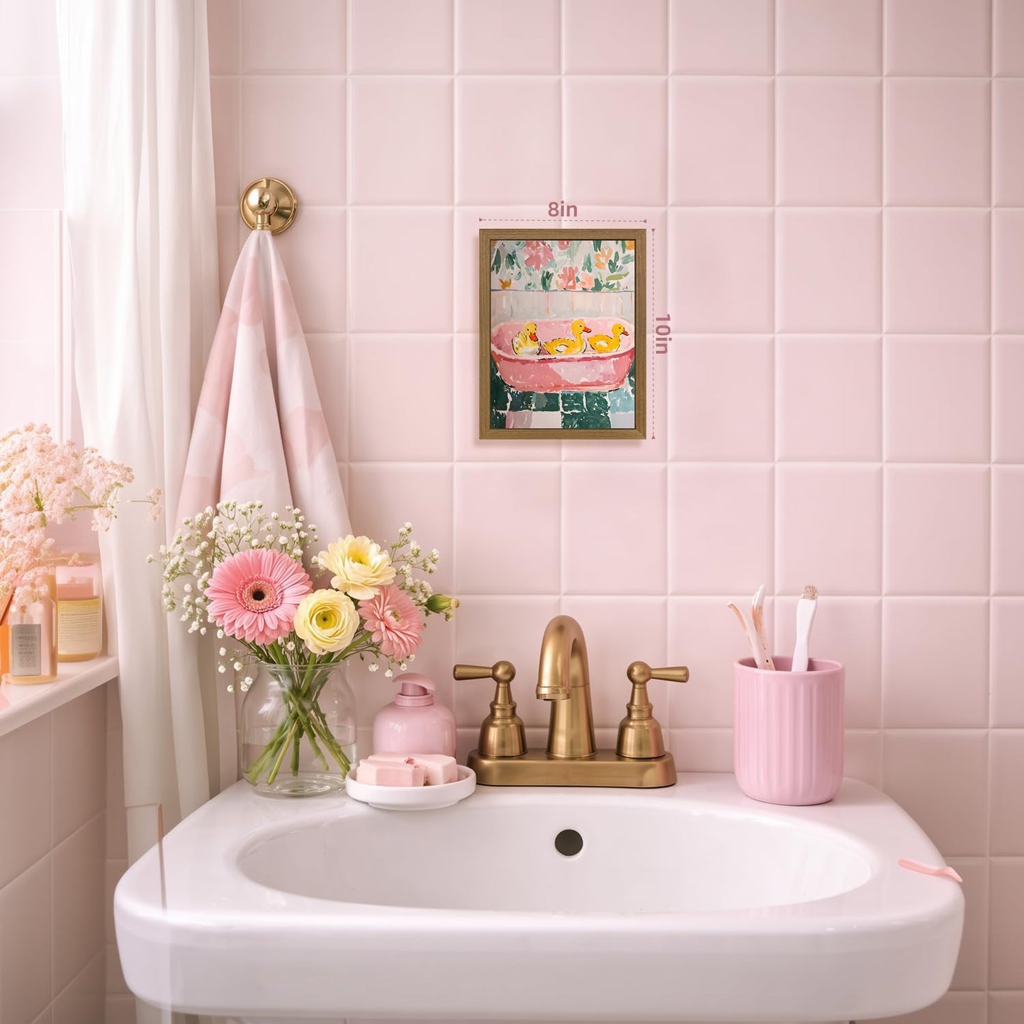 Wood Framed Funny Ducks Bathroom Wall Art, Cute Yellow Ducks in Pink Bathtub Canvas Print, Whimsical Animal Decor, Soft Pastel Aesthetic Artwork for Girls Bathroom Nursery Bedroom 8x10 Inch