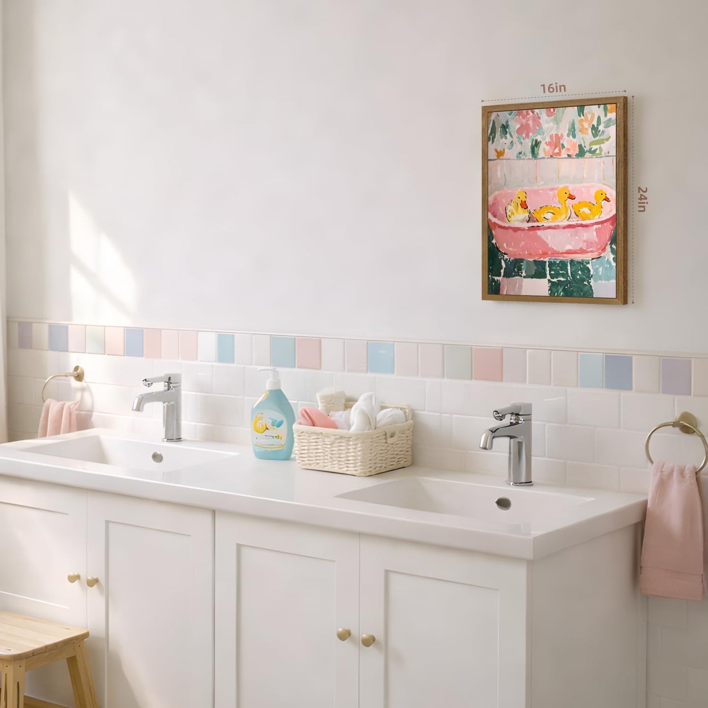 Wood Framed Funny Ducks Bathroom Wall Art, Cute Yellow Ducks in Pink Bathtub Canvas Print, Whimsical Animal Decor, Soft Pastel Aesthetic Artwork for Girls Bathroom Nursery Bedroom 8x10 Inch