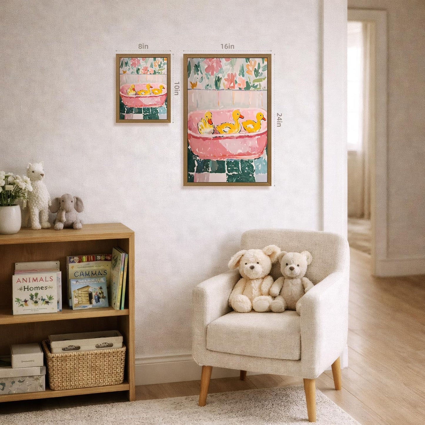 Wood Framed Funny Ducks Bathroom Wall Art, Cute Yellow Ducks in Pink Bathtub Canvas Print, Whimsical Animal Decor, Soft Pastel Aesthetic Artwork for Girls Bathroom Nursery Bedroom 8x10 Inch