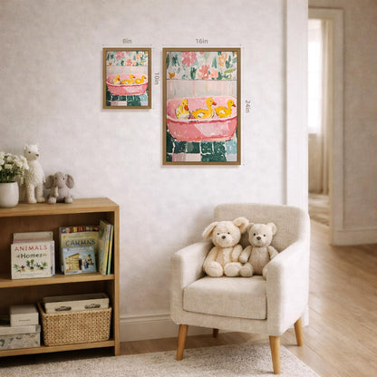 Wood Framed Funny Ducks Bathroom Wall Art, Cute Yellow Ducks in Pink Bathtub Canvas Print, Whimsical Animal Decor, Soft Pastel Aesthetic Artwork for Girls Bathroom Nursery Bedroom 8x10 Inch