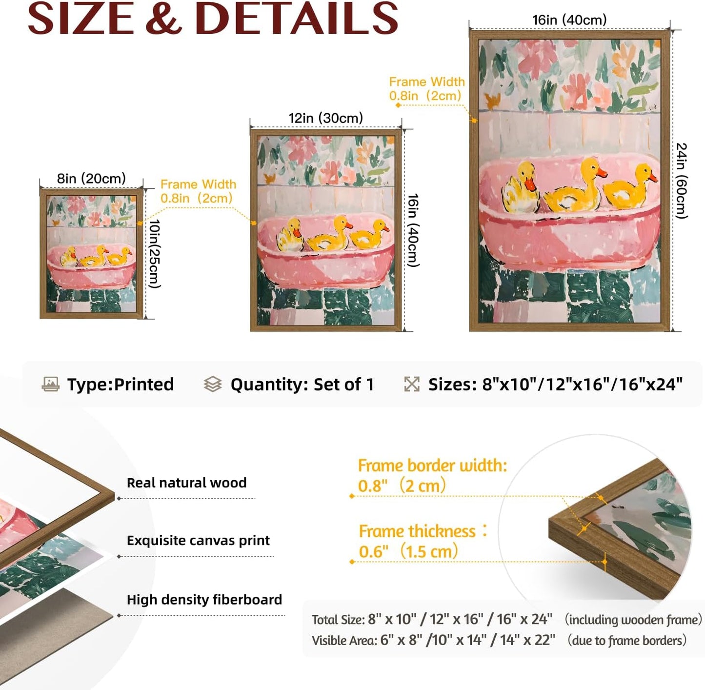 Wood Framed Funny Ducks Bathroom Wall Art, Cute Yellow Ducks in Pink Bathtub Canvas Print, Whimsical Animal Decor, Soft Pastel Aesthetic Artwork for Girls Bathroom Nursery Bedroom 8x10 Inch
