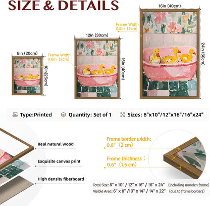 Wood Framed Funny Ducks Bathroom Wall Art, Cute Yellow Ducks in Pink Bathtub Canvas Print, Whimsical Animal Decor, Soft Pastel Aesthetic Artwork for Girls Bathroom Nursery Bedroom 8x10 Inch