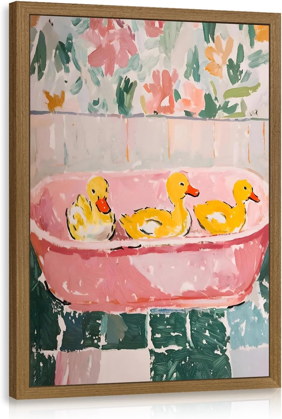 Wood Framed Funny Ducks Bathroom Wall Art, Cute Yellow Ducks in Pink Bathtub Canvas Print, Whimsical Animal Decor, Soft Pastel Aesthetic Artwork for Girls Bathroom Nursery Bedroom 8x10 Inch