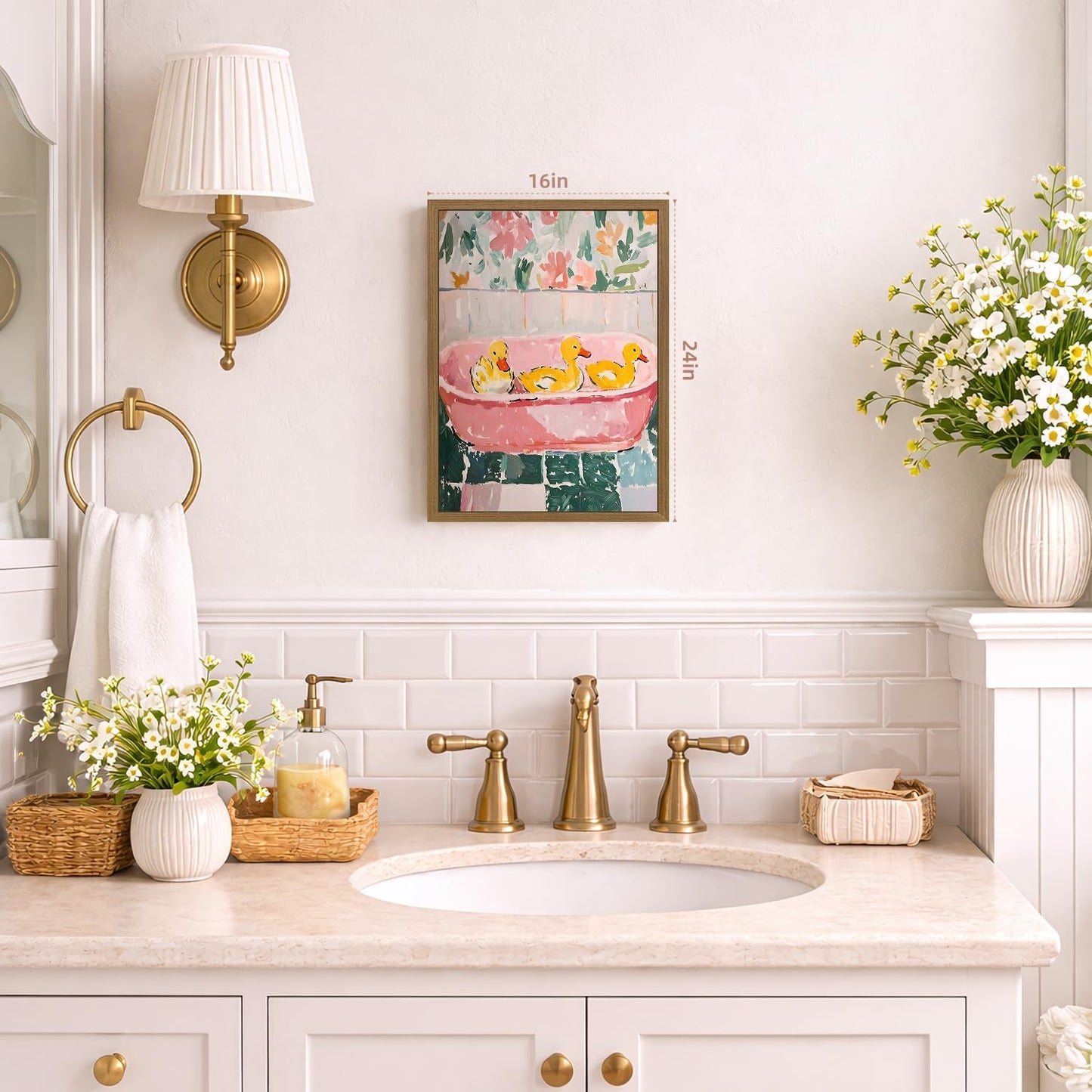 Wood Framed Funny Ducks Bathroom Wall Art, Cute Yellow Ducks in Pink Bathtub Canvas Print, Whimsical Animal Decor, Soft Pastel Aesthetic Artwork for Girls Bathroom Nursery Bedroom 8x10 Inch