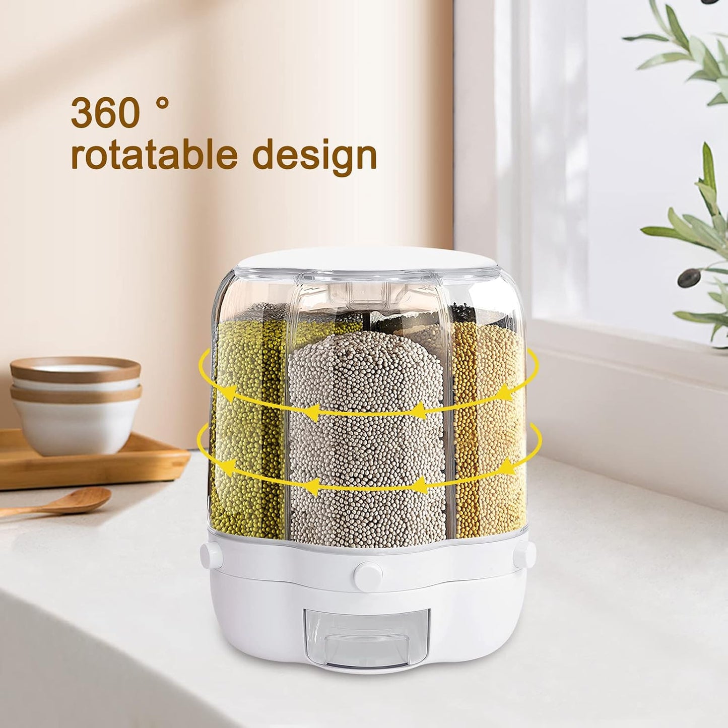 27.56 Lb Rice and Grain Storage Container, 360° Rotating Food Dispenser Measuring Cylinder with Lid Moisture Resistant Household, Airtight Storage of Black Rice, Yellow Rice and Other Small Beans