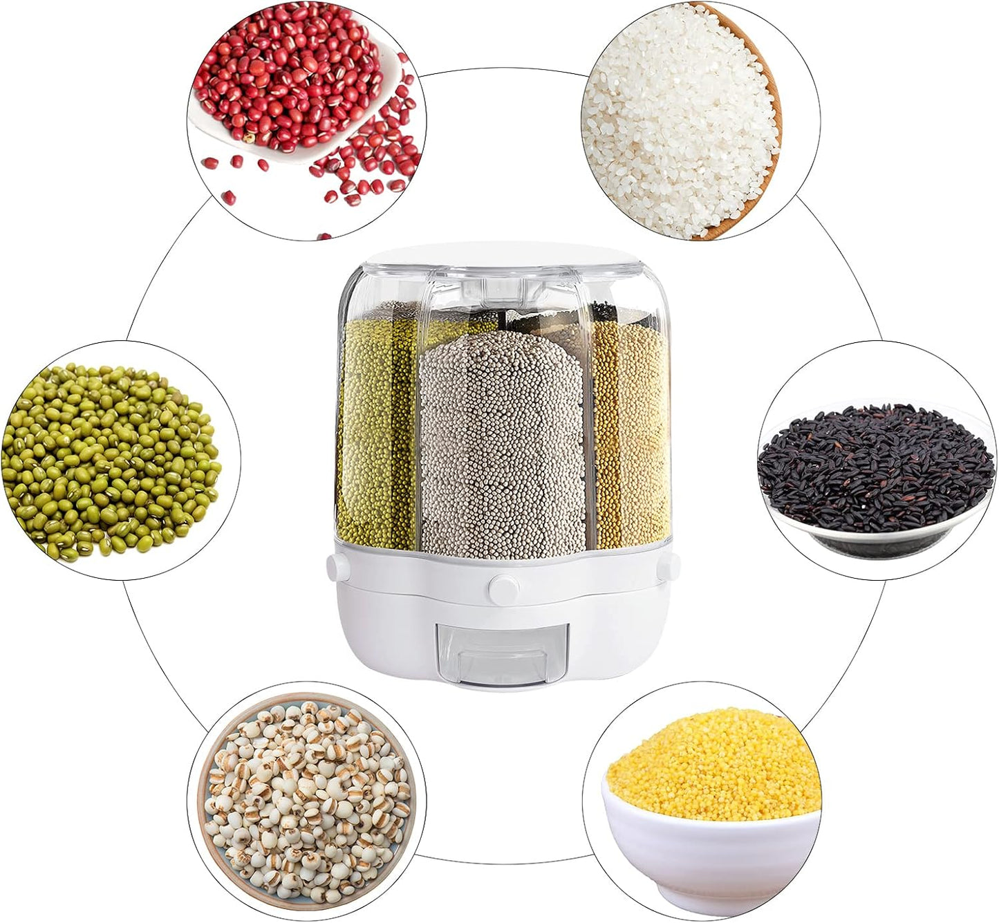 27.56 Lb Rice and Grain Storage Container, 360° Rotating Food Dispenser Measuring Cylinder with Lid Moisture Resistant Household, Airtight Storage of Black Rice, Yellow Rice and Other Small Beans