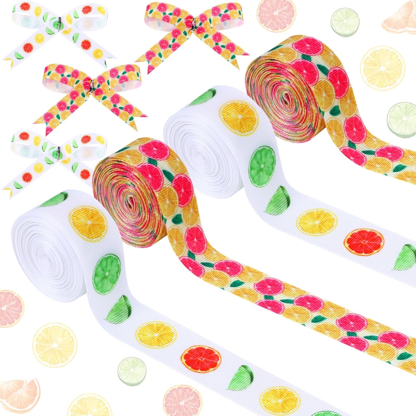4 Rolls Citrus Lemon Theme Ribbons, 20 Yards Craft Ribbons for Wreath Hair Bow Wrapping Gifts Packing, Fruit Grosgrain Ribbons Gender Reveal Birthday Wedding Party Home Accessory Decor