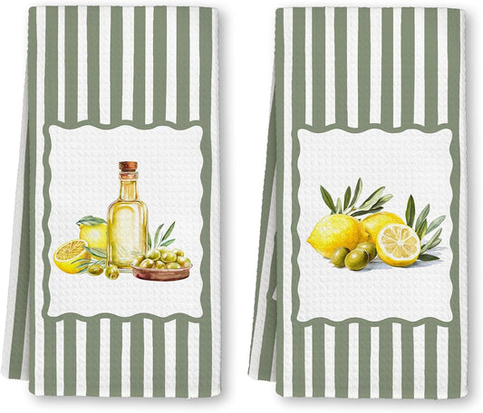 Farmhouse Lemon Olive Kitchen Towels, Rustic Sage Green Stripes Summer Fruit Hand Dish Towels Decor, Cottagecore Lemon Olive Oil Tea Towel for Kitchen Bathroom Decorative 16x24 Inch, Set of 2
