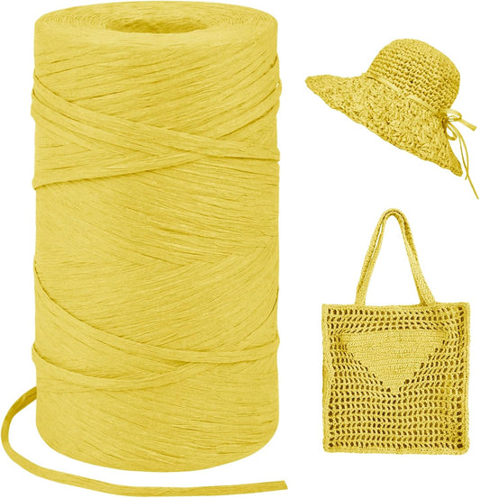 Yellow Raffia Yarn for Crochet Bags, 3mm x 328 Yards Flat String Raffia Ribbon for Gift Wrapping, Raffia Paper Ribbon Yarn for Crocheting Sun Hat, Bag, DIY Crafts, Holiday Decoration