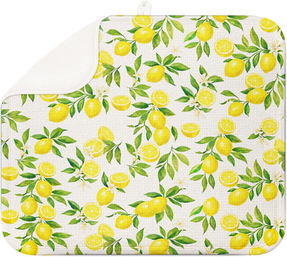 Lemon Dish Drying Mat for Kitchen Counter 16''x18''Microfiber Absorbent - Foldable, Quick-Dry, Non-Slip, Small & Compact Yellow Kitchen Drying Pad for Dishes, Utensils, and Cookware