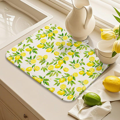 Lemon Dish Drying Mat for Kitchen Counter 16''x18''Microfiber Absorbent - Foldable, Quick-Dry, Non-Slip, Small & Compact Yellow Kitchen Drying Pad for Dishes, Utensils, and Cookware