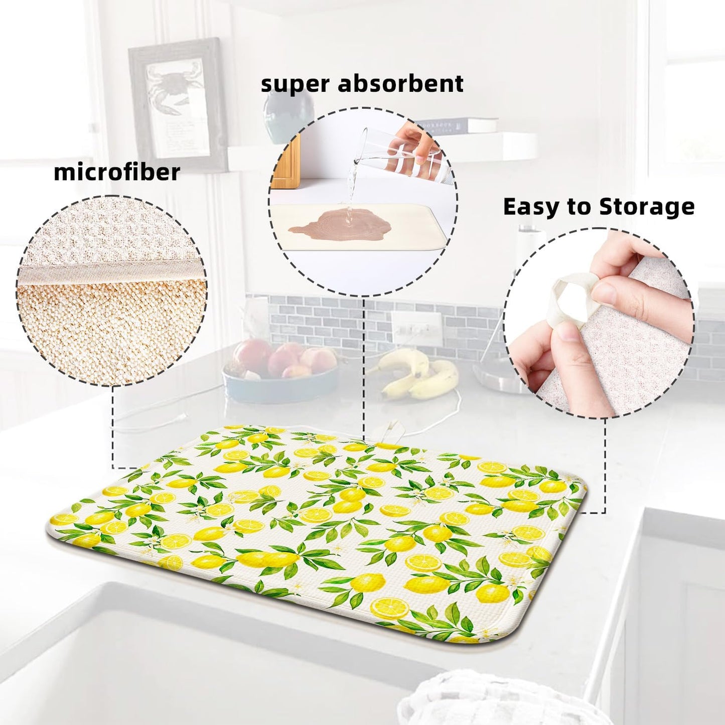 Lemon Dish Drying Mat for Kitchen Counter 16''x18''Microfiber Absorbent - Foldable, Quick-Dry, Non-Slip, Small & Compact Yellow Kitchen Drying Pad for Dishes, Utensils, and Cookware