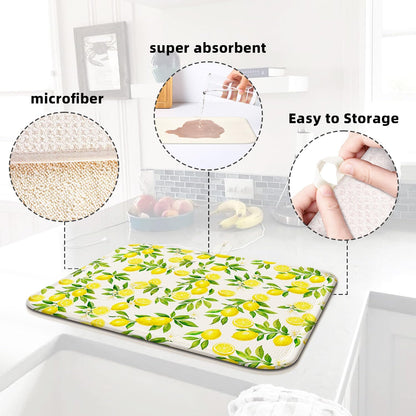 Lemon Dish Drying Mat for Kitchen Counter 16''x18''Microfiber Absorbent - Foldable, Quick-Dry, Non-Slip, Small & Compact Yellow Kitchen Drying Pad for Dishes, Utensils, and Cookware