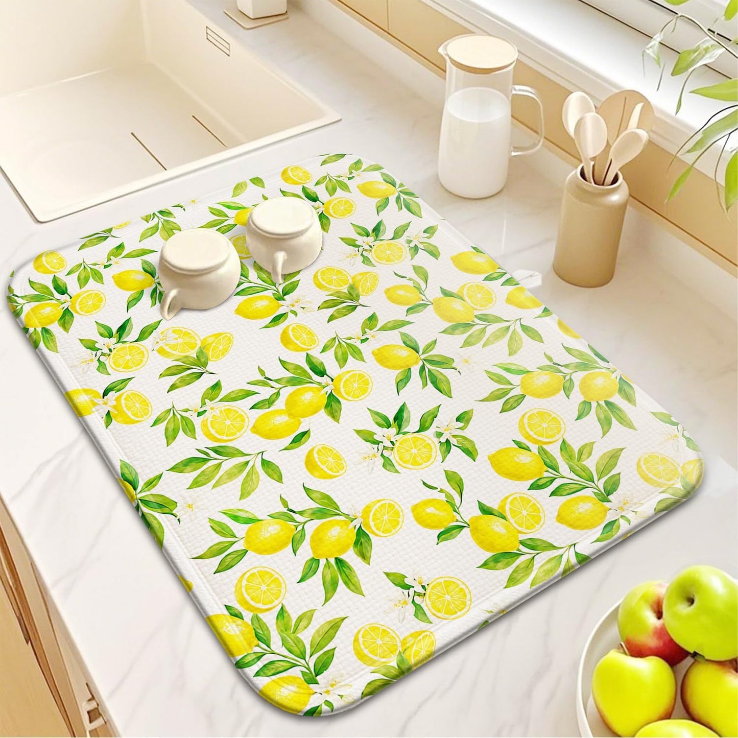 Lemon Dish Drying Mat for Kitchen Counter 16''x18''Microfiber Absorbent - Foldable, Quick-Dry, Non-Slip, Small & Compact Yellow Kitchen Drying Pad for Dishes, Utensils, and Cookware