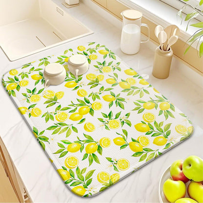 Lemon Dish Drying Mat for Kitchen Counter 16''x18''Microfiber Absorbent - Foldable, Quick-Dry, Non-Slip, Small & Compact Yellow Kitchen Drying Pad for Dishes, Utensils, and Cookware