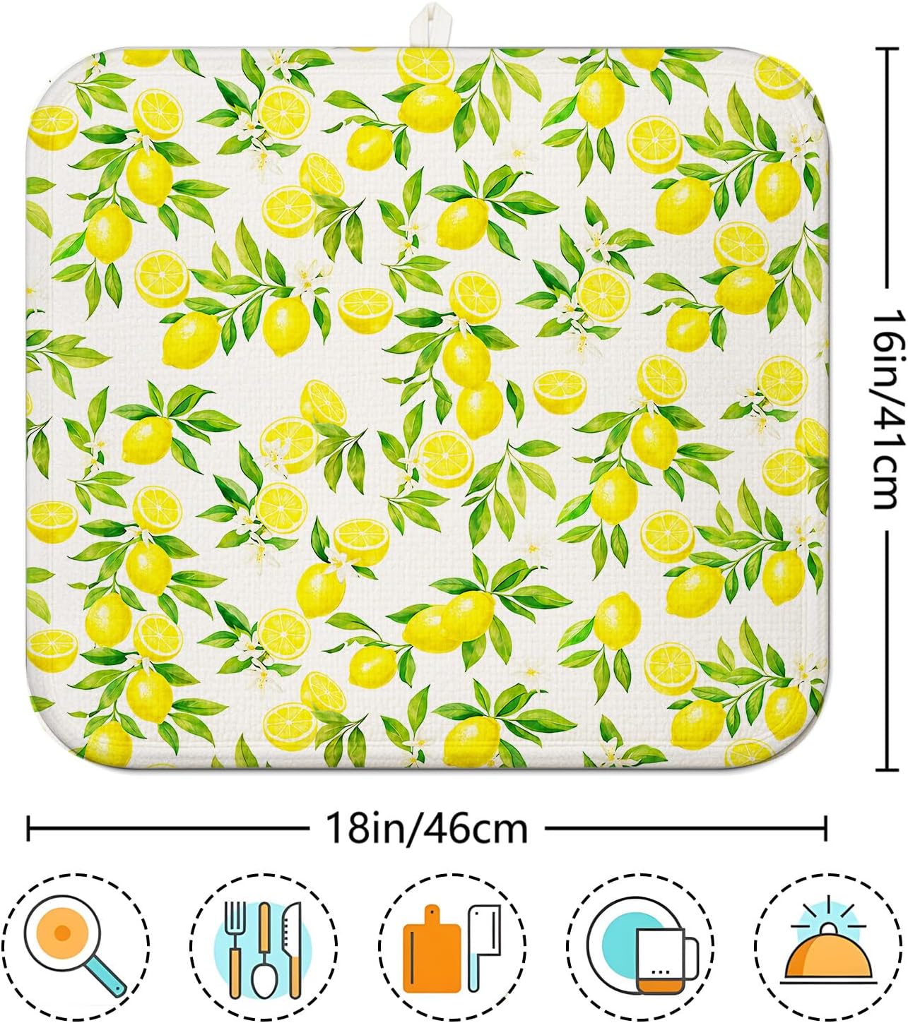 Lemon Dish Drying Mat for Kitchen Counter 16''x18''Microfiber Absorbent - Foldable, Quick-Dry, Non-Slip, Small & Compact Yellow Kitchen Drying Pad for Dishes, Utensils, and Cookware