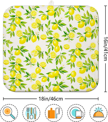 Lemon Dish Drying Mat for Kitchen Counter 16''x18''Microfiber Absorbent - Foldable, Quick-Dry, Non-Slip, Small & Compact Yellow Kitchen Drying Pad for Dishes, Utensils, and Cookware