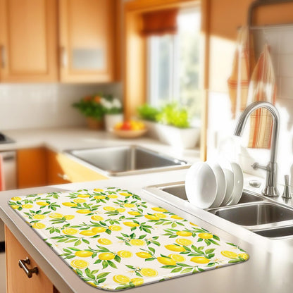 Lemon Dish Drying Mat for Kitchen Counter 16''x18''Microfiber Absorbent - Foldable, Quick-Dry, Non-Slip, Small & Compact Yellow Kitchen Drying Pad for Dishes, Utensils, and Cookware