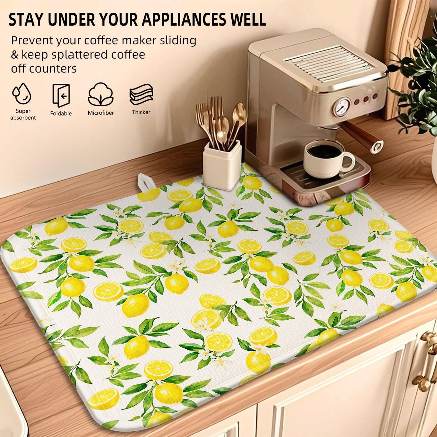 Lemon Dish Drying Mat for Kitchen Counter 16''x18''Microfiber Absorbent - Foldable, Quick-Dry, Non-Slip, Small & Compact Yellow Kitchen Drying Pad for Dishes, Utensils, and Cookware