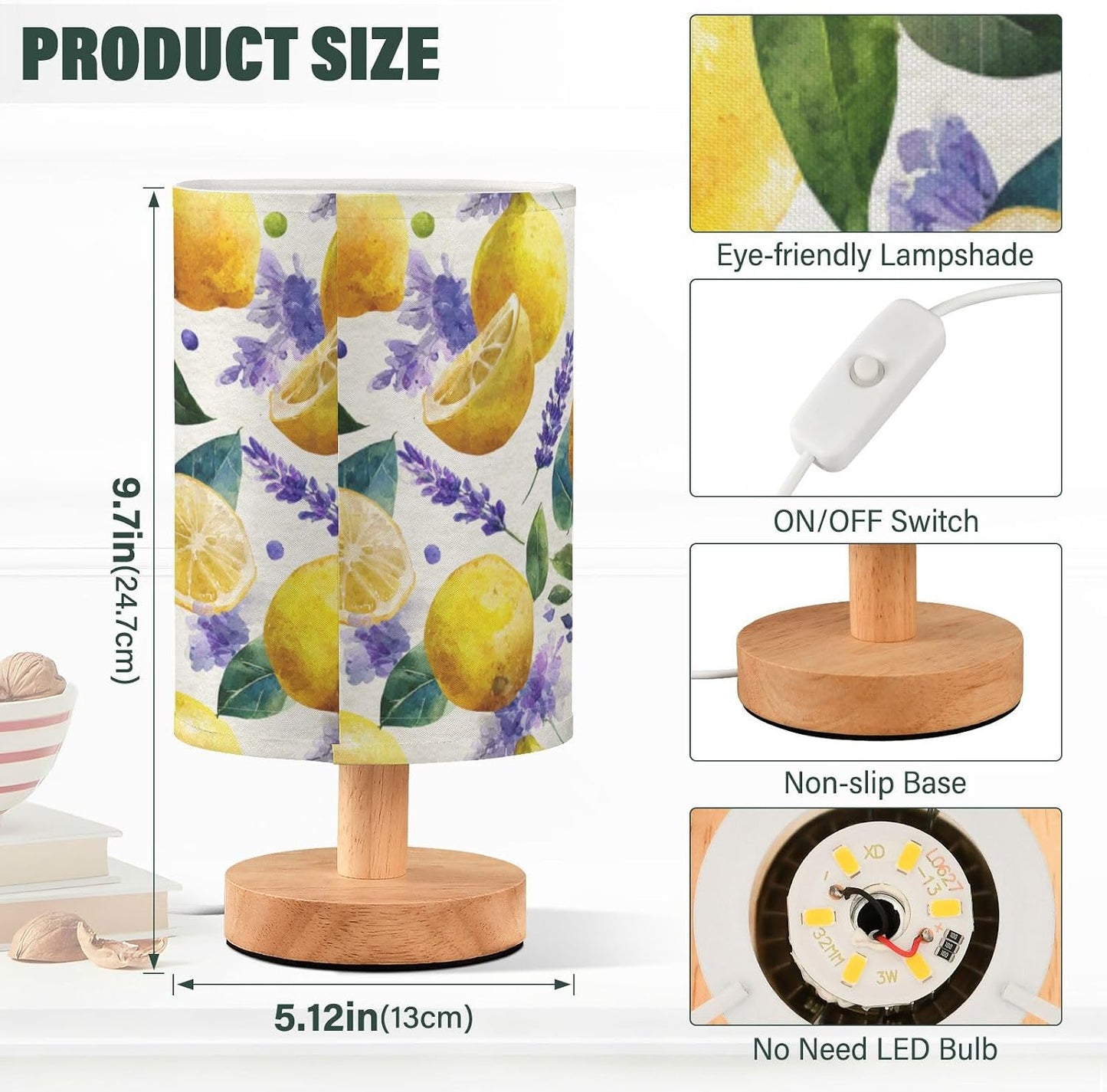 Bedside Table Lamp Lemon Yellow Citrus Fruits (72) Kids Nightstand Lamp Night Light Fabric Shade for Bedroom Living Room Home Office